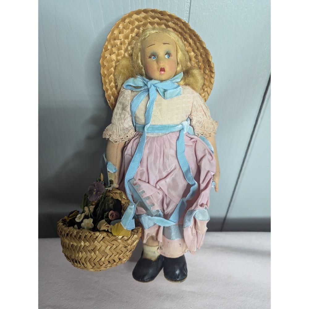 Lenci like Vintage 10" dressed straw hat flower basket doll metal leg joints